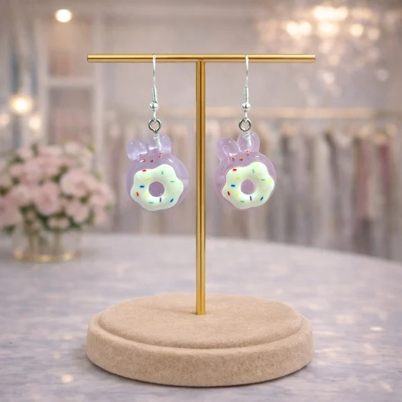 Handmade Lavender Sugar Bunny Donut Earrings | Y2K Kawaii Cute Statement Jewelry - Picture 3 of 5